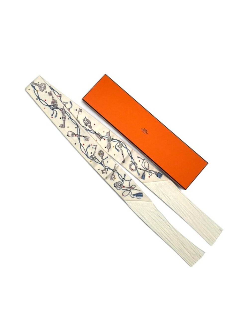 HERMES Beige Silk And Leather Fringe Twilly With Key Print